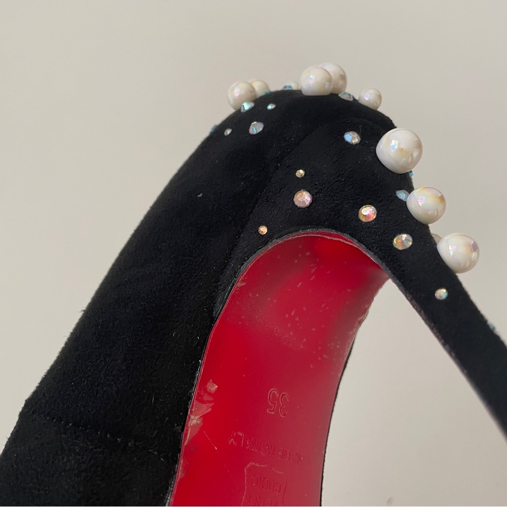 MORE PHOTOS 👠 Christian Louboutin Black Suede Embellished Pump - Size 35 - Picture 8 of 12